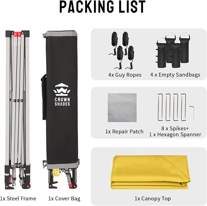 Crown Shades 10x10 Pop Up Canopy - Beach Tent with One Push Setup - Outdoor Sun Shade for Events, Parties, Camping - Gazebo with STO-N-Go Cover Bag, Silver Coated Top, 3 Height& 4 Sand Bags, Yellow