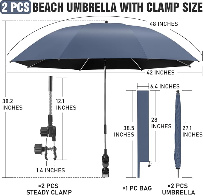 2 PACK Beach Umbrella with Clamp, 360 ° Adjustable Umbrellas for Chair, UPF50+ Umbrella for Beach Chair, Patio Chair, Wheelchair, Camping Chair, Golf Carts (Chair Not Included)