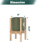 D'vine Dev Planter Pot with Stand - 8 Inch Plastic Cylinder Flower Pot with Wood Planter Holder for Indoor, Olive Pot + Natural Stand, 55-C-J-3