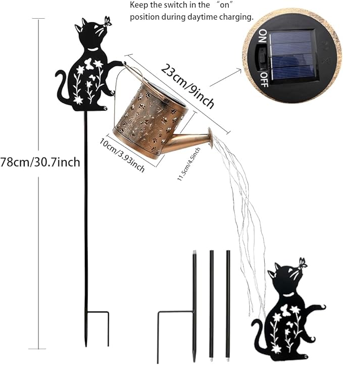 Solar Watering_Can with Lights, Featuring Metal Cat Silhouette Garden Ornament Festive Gift for Women, Waterproof Outdoor Decor for Backyard Paths and Lawn
