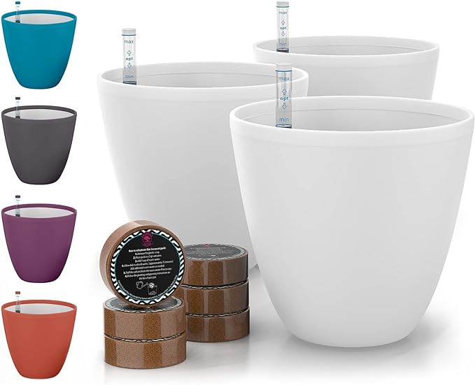 GARDENIX DECOR Self Watering Pots for Indoor Plants 3 Pack - Flower Pot with Water Level Indicator for Plants, Grow Tracking Tool - Self Watering Planter Plant Pot - Coco Coir - White