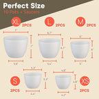 Campior Plastic Plant Pots with Drainage - Home Decor Flower Pot, Stackable Design for Indoor & Outdoor Use, Lightweight and Sturdy, Space-Saving, (7”, 6.6”, 6”, 5.3”, 4.8” Inches), Pack of 10, White