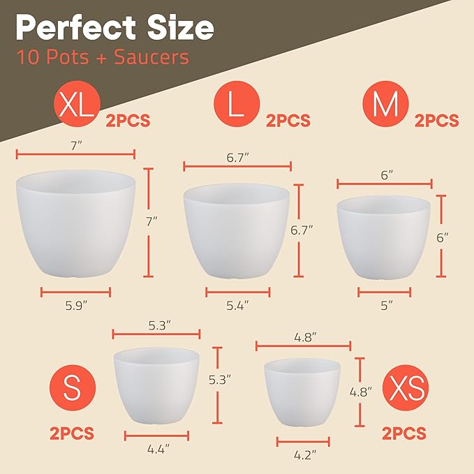Campior Plastic Plant Pots with Drainage - Home Decor Flower Pot, Stackable Design for Indoor & Outdoor Use, Lightweight and Sturdy, Space-Saving, (7”, 6.6”, 6”, 5.3”, 4.8” Inches), Pack of 10, White