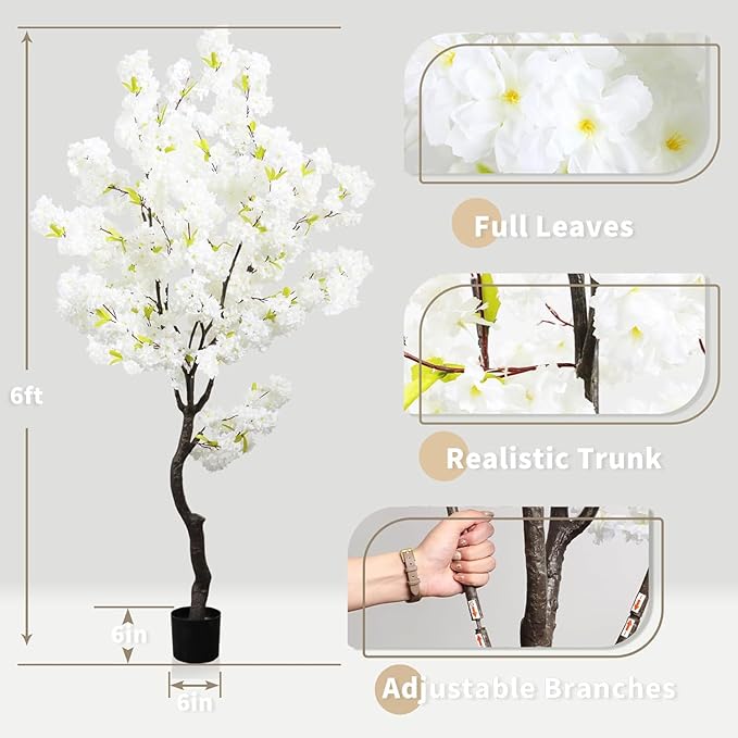 Large Artificial White Cherry Blossom 6ft(72in) Faux Floor Green Plant for Indoor Decor Natural Potted Tree Realistic Cherry Flowers Wood Trunk for Home Living Room,Office Perfect Housewarming Gift