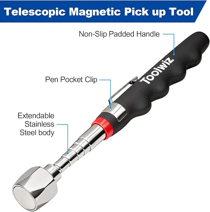 Toolwiz 17" Rolling Magnetic Sweeper 8.8lbs, with 16 lbs Telescopic Magnetic Pick Up Tools –Lightweight Pick-up Sweeper with Wheels for Nails, Screws & Metal Debris Home Use Workshop Garage