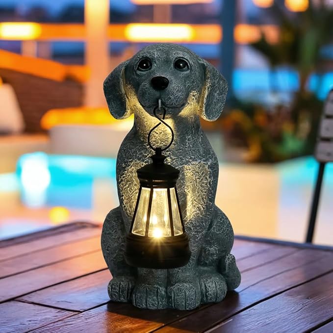 Solar Dog Garden Statues with Solar Lantern，Dog Figurines for Yard Patio Lawn Balcony Ornaments - Birthday Housewarming Garden Gifts for Mothers Day, Grandma