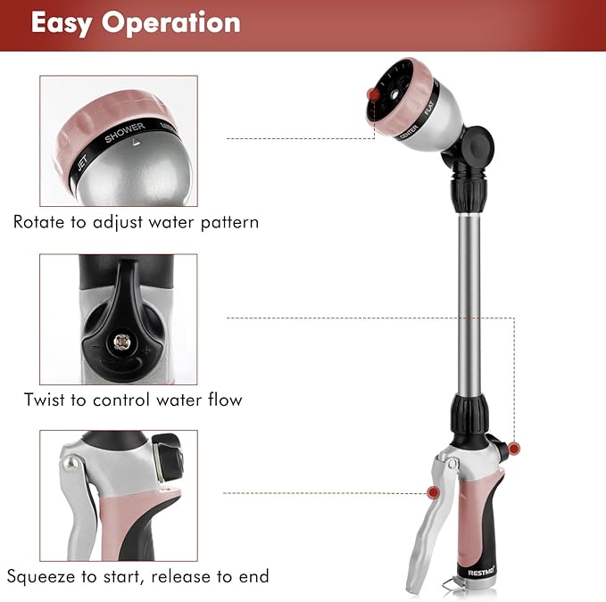RESTMO Metal Watering Wand, Heavy Duty Garden Hose Wand with 180° Swivel Head, 16'' Hose Nozzle Sprayer with 7 Spray Patterns and Flow Control, for Water Hanging Baskets and Shrubs, Rose Gold