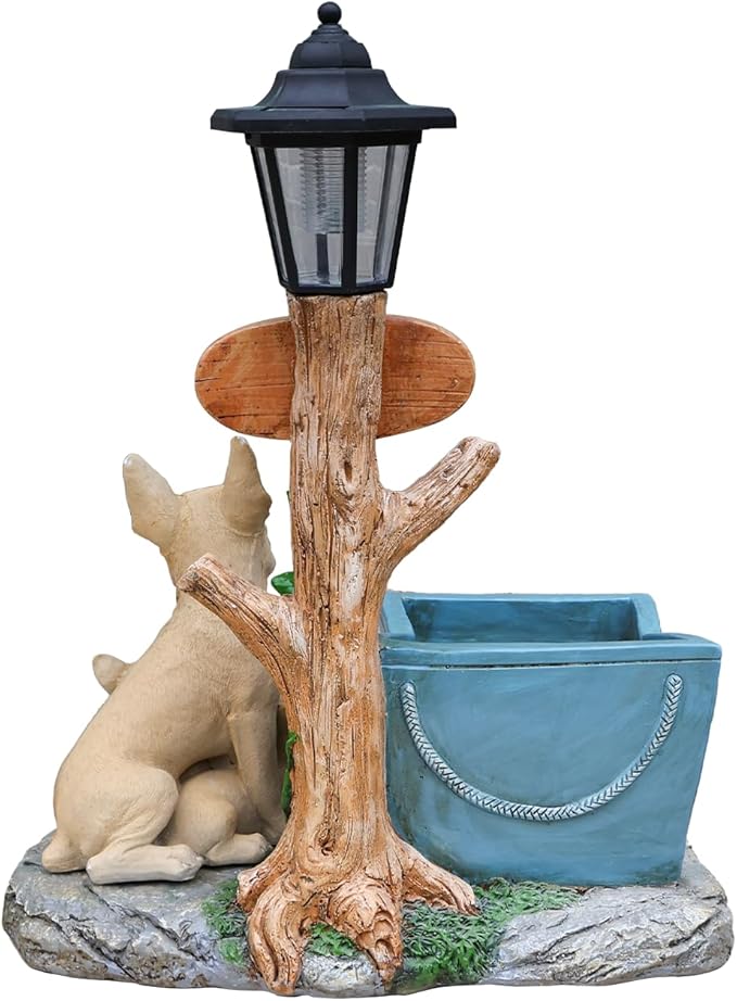 Animal Outdoor Statue Planter Solar Light Welcome Garden Sculpture Resin Flower Pot Decorative Porch Patio Yard Lawn Entryway Figurine with LED Lamp Rustic Plant Holder Ornament Courtyard (J)