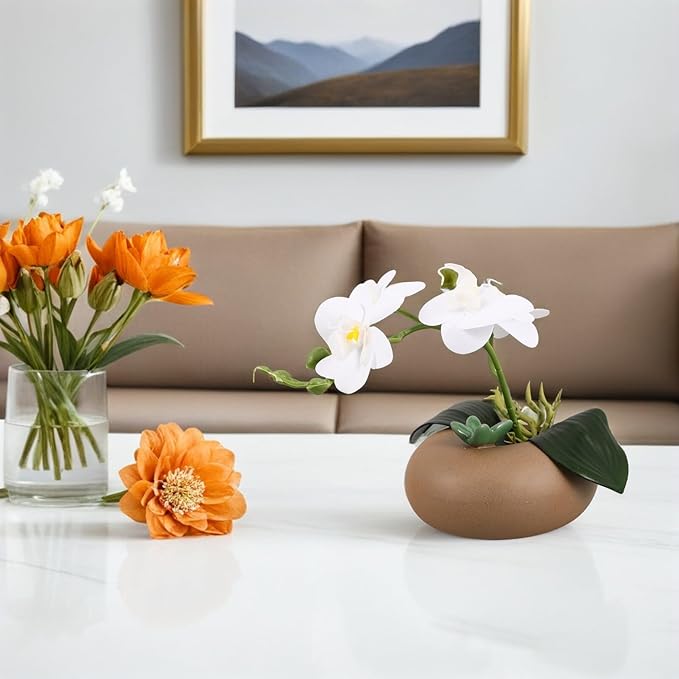 Operitacx Artificial Orchid Potted Plant Simulation Orchid Flower in White Ceramic Pot for Indoor Home Decoration Living Room Table Centerpiece Wedding Party Decoration
