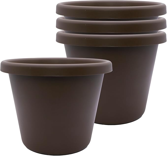 The HC Companies 8.5 Inch Classic Round Planter Pots with Drainage, Rolled Rim Plastic Planters for Indoor & Outdoor Plants, 4-Pack Decorative Flower Pots for Garden, Office & Home Decor, Chocolate