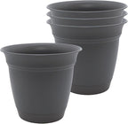 The HC Companies 8 Inch Eclipse Round Planter Pots with Drainage Holes & Attached Saucer, Lightweight UV-Resistant Plastic Indoor Outdoor Planters, 4-Pack Flower Pots for Garden Home Decor, Warm Gray