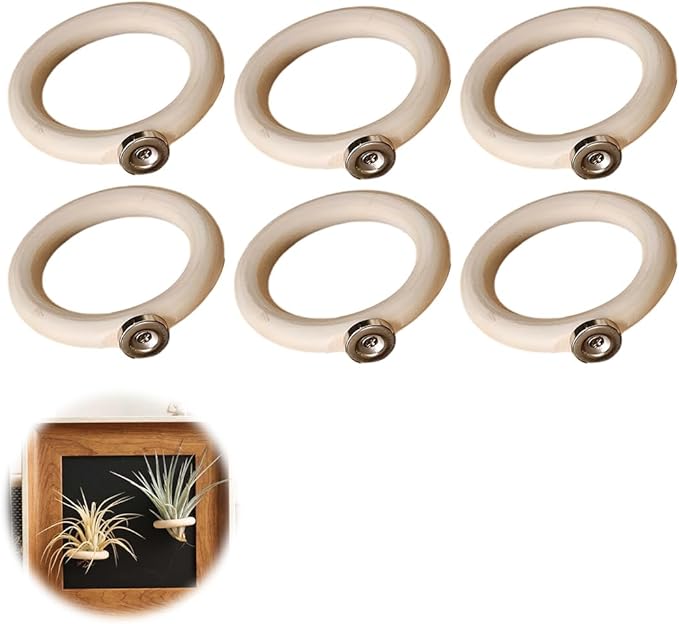Magnetic Air Plant Holder 6-Pack, 4.5cm Wooden Ring Suspended Display for Tillandsia, Natural Wood Magnet Wall Mount & Refrigerator Sticker, Includes 6 Magnetic Patches Light Wood