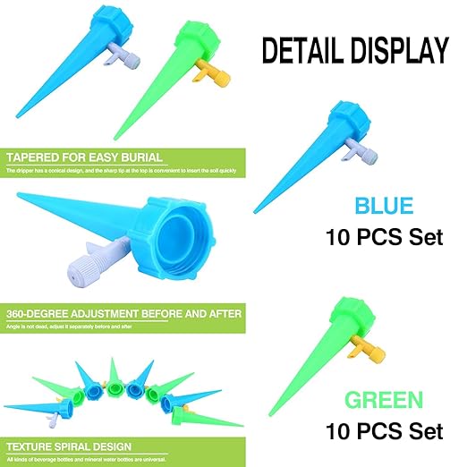 20 Pack Self Watering Spikes for Plant,Indoor & Outdoor Automatic Plants Waterer,Plug-in Device with Adjustable Valve Switch, Self Watering Planter Insert (10 Blue+10 Green)