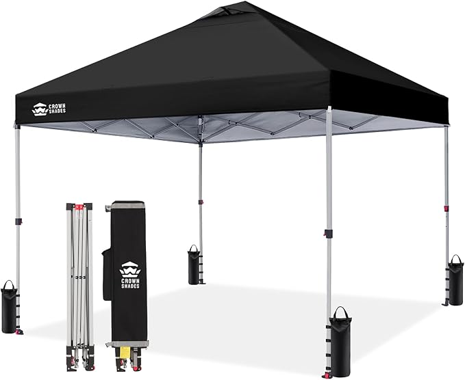 CROWN SHADES 10x10 Pop Up Canopy - Beach Tent with One Push Setup - Easy Outdoor Sun Shade for Events, Parties, Camping - Gazebo with STO-N-Go Cover Bag, Silver Coated Top, Black