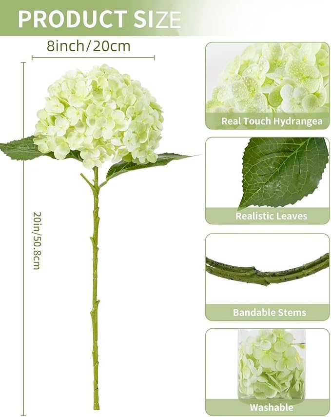 DuHouse 3Pcs Large Hydrangea Artificial Flowers,20 inch Latex Real Touch Hydrangeas Lifelike Hydrangea Flower for Home Wedding Bouquets Centerpieces Party Living Room Decoration(Light Green)