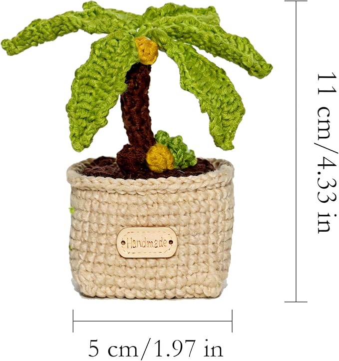 Handmade Crochet Bonsai Coconut Tree Potted Plant, Artificial Cactus Succulent, Realistic Miniature Desktop Plants, Cute Home Office Decor, Hand-knitted Cotton Yarn Gift (6 x 6 x 15 inches)