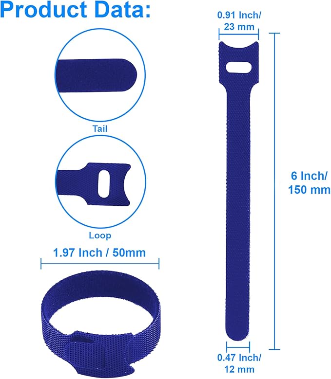 California JOS 60 PCS 6 Inches Reusable Cable Ties, Wire Ties, Cord Organizer, Cable Organizer, Adjustable Cable Management - Blue
