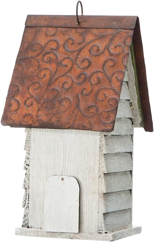 Glitzhome Bird Houses for Outside, 12" H Washed White Distressed Solid Wood Cottage Bird Nesting Box Hanging Bird House for Outdoors, Decorative Birdhouse for Bluebird Wren Sparrow Finch Cardinal