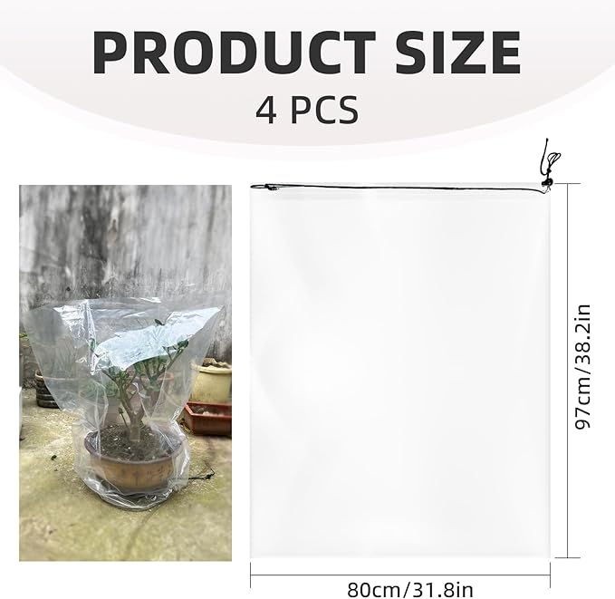4 PCS Winter Plant Film Covers with Drawstring-31.5" x 39.4" Transparent Freeze Protection Bag Clear Plastic Plant Shelter Waterproof Coverings for Outdoor Garden Plant Rain Snow Frost Protection