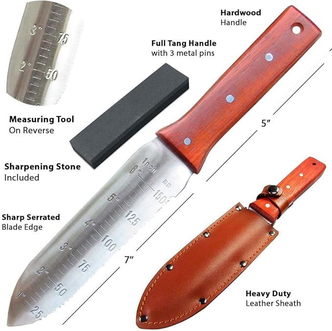 Hori Hori Garden Knife [7 Inches, Japanese Stainless Steel] Durable Gardening Tool for Weeding, Digging, Cutting & Planting with Leather Sheath and Sharpening Stone