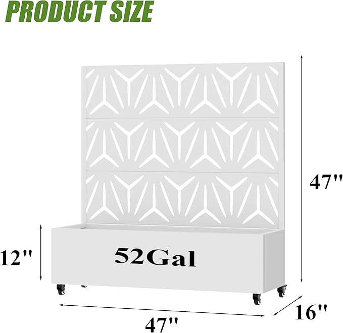 Casaphoria Metal Raised Garden Bed with Trellis and Wheels, 47"x47"x16" Planter Box for Climbing Plants, Vegetables & Vines, Features Drainage Holes and Privacy Screen, White-Star