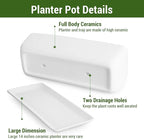 MyGift 14 Inch Ceramic Indoor Plant Pot with Drainage Hole, Rectangular Succulent Planter Window Box with Removable Saucer, Unglazed White