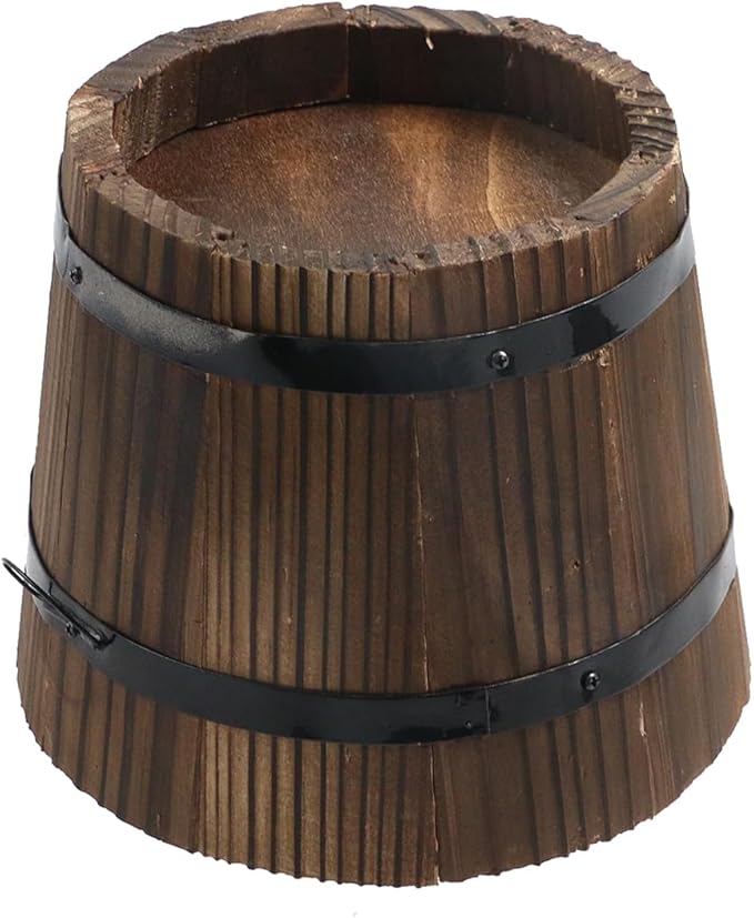 MY MIRONEY Plant Pots, Vintage Wooden Barrel Planter - Solid Rustic Garden Flower Pot with Metal Handles & Frame for Indoor Planter, Office Home Decor, Garden Home Plants, 5.91" x 4.72"