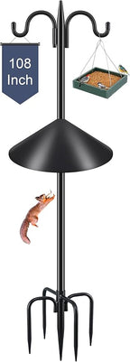Gtongoko Bird Feeder Pole Squirrel Proof, 108 Inch Double Shepherds Hook for Outdoor with Squirrel Baffles Adjustable Heavy Duty with 5 Prongs Base for Hanging Plants, Bird Feeders, Black