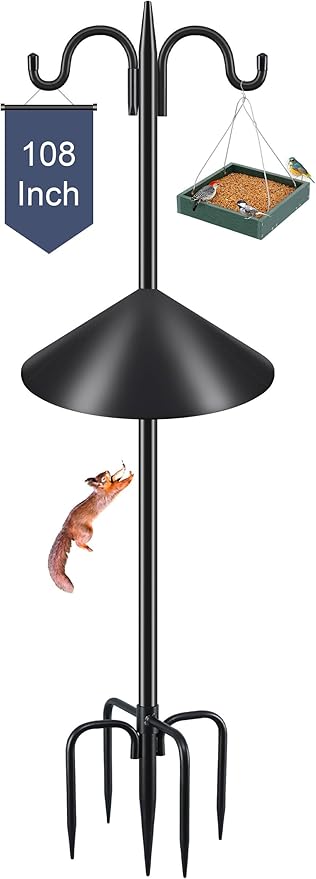 Gtongoko Bird Feeder Pole Squirrel Proof, 108 Inch Double Shepherds Hook for Outdoor with Squirrel Baffles Adjustable Heavy Duty with 5 Prongs Base for Hanging Plants, Bird Feeders, Black