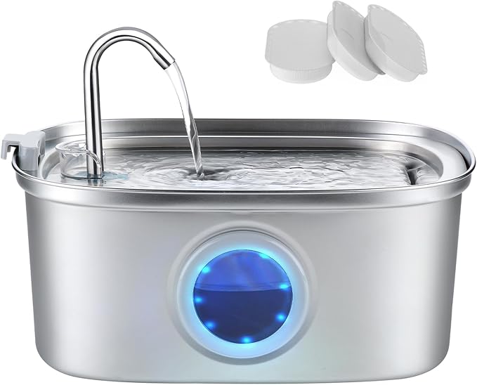 Cat Water Fountain Stainless Steel, 0.8gal/108oz Pet Water Fountain with Water Level Indicator and 3 Filters, Cat Fountain with Quiet Pump Ideal for Cats, Dogs and Multi-pet households