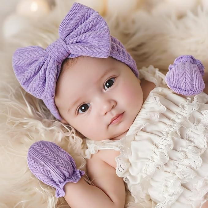 BQUBO Baby Turban Hats and Mittens Set Newborn Infant Hospital Hats Caps with Bows for Baby Boys Girls 0-12 Months
