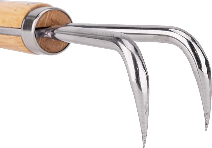 Nisaku NJP956 Nekaki Nihondume Handheld Double Claw Cultivator, Japanese Stainless Steel Tine Length 1.5-Inch, 5.5-Inch Polished Wood Handle