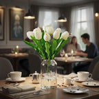 Mandy's White Artificial Tulips Flowers Centerpiece, 17.7" Lifelike PU Fake Floral Stems 6pcs for Kitchen Island & Dining Table, Spring Decor for Easter
