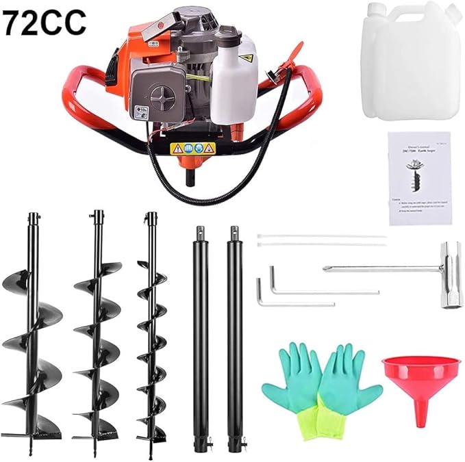 72cc Post Hole Digger 2-Stroke Petrol Gas Powered Earth Digger with 3 Auger Drill Bits (4" 8" & 12") + 2 Extension Rods for Farm Garden Plant