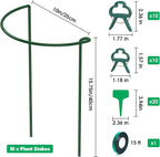 Unves 10 Pack Plant Support Stakes, 10" W x 16" H Half Round Peony Cages and Supports, Metal Peony Cage Plant Ring for Outdoor Plants Tomato Flower Vine, with Garden Labels, Clips and Ties