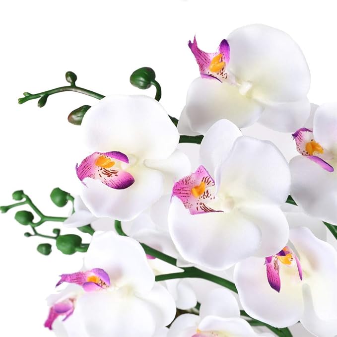 15" Tall Artificial Silk Phalaenopsis Orchid Flower Plant Pot Arrangements (White)