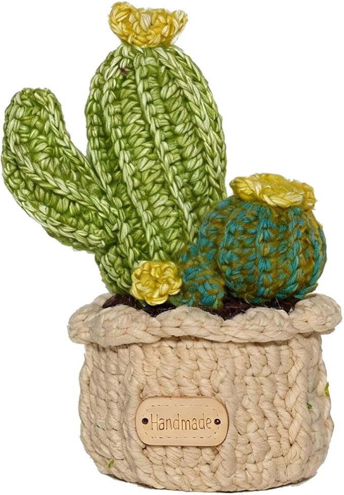 Handmade Crochet, Small Artificial Plants Cactus in Pot, Realistic Knit Succulent for Home Office Desk Decoration, for Plant Lovers (2.4 x 2.4 x 4.7 inches)