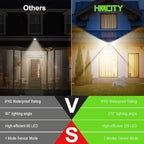 HMCITY 120 LED Outdoor Solar Lights- with Motion Sensor and 3 Lighting Modes, IP65 Waterproof Wide Solar Wall Lights Ideal for Garden Patio Yard (Front Button 8Packs, Black Shell-Warm White)