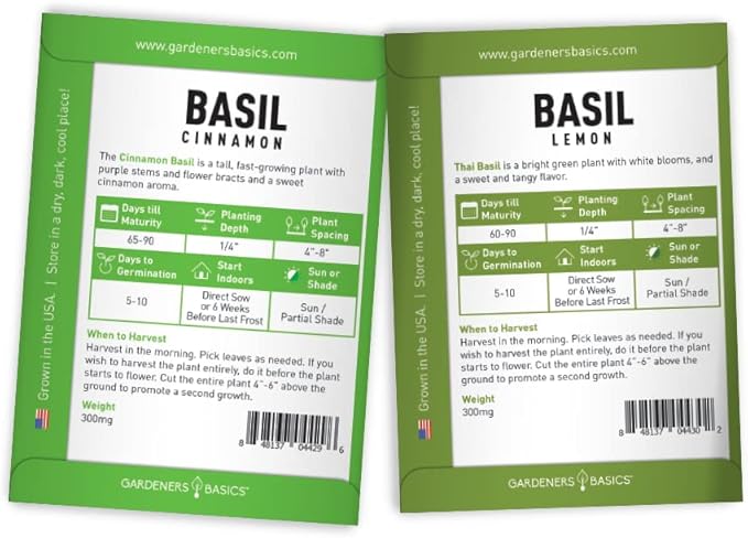 Gardeners Basics, Basil Seeds for Planting Home Garden Herbs - 5 Variety Herb Pack Thai, Lemon, Cinnamon, Sweet and Dark Opal Basil Seeds Herb Seeds for Indoors, Outdoors, Hydroponics & Aquaponic