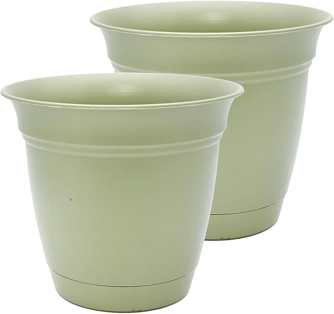 The HC Companies 12 Inch Eclipse Round Planter Pots with Drainage Holes & Attached Saucer, Lightweight UV-Resistant Plastic Indoor Outdoor Planters, 2-Pack Flower Pots for Garden & Home Decor, Seafoam