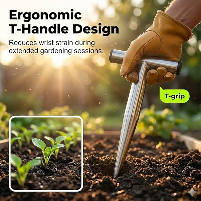 Plant Hole Digger for Planting, 2026 New T Wooden Handle, Seed Planter Tool for Plant Labels, for Self Watering Stakes, Hand Held Bulb Planter for Tulip Daffodil Crocus Garden Tool (M Hollow)