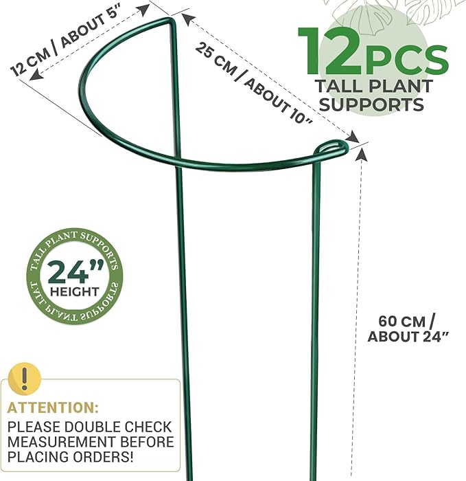 LEOBRO Plant Support Plant Stakes, 12pcs Peony Cages and Supports, Metal Garden Stakes Plant Supports, Plant Support Stakes, for Peony, Tomato, Hydrangea, Indoor Outdoor Plants, 10" W x 24" H
