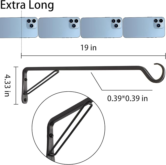 AILIN YELOKIE 2 Pack Extra Long 19 Inch Heavy-Duty Rust-Resistant Solid Steel Plant Hangers and Bird Feeder Hangers for Indoor and Outdoor Decor, Wall Hooks