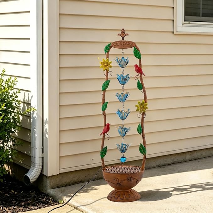 40" Vintage Metal Floor Water Fountain - Soothing Waterfall Outdoor Fountains with 6 Hanging Cups for Garden Patio Backyard Deck Decor, 1108 - Copper Birds & Flower