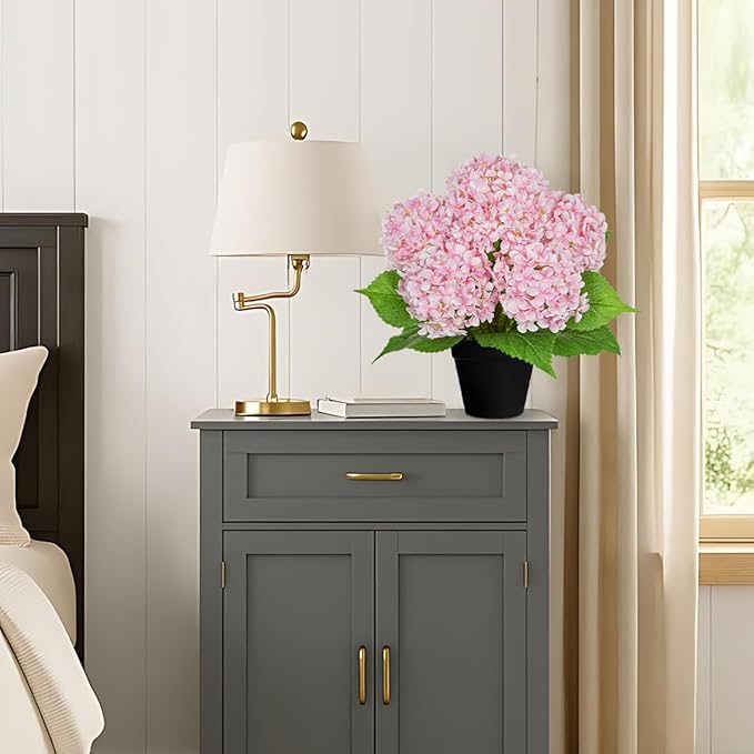 18" Hydrangea Artificial Flowers Plant in Black Plastic Pot, Faux Hydrangeas Plants for Home Office Indoor Outdoor Decor, Realistic Floral Centerpiece for Living Room & Porch Decorations, Pink