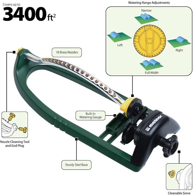 Melnor 65048-AMZ Oscillating Sprinkler with Brass Nozzles and QuickConnect Product Adapter Set, 3,400 sq. ft, Amazon Bundle