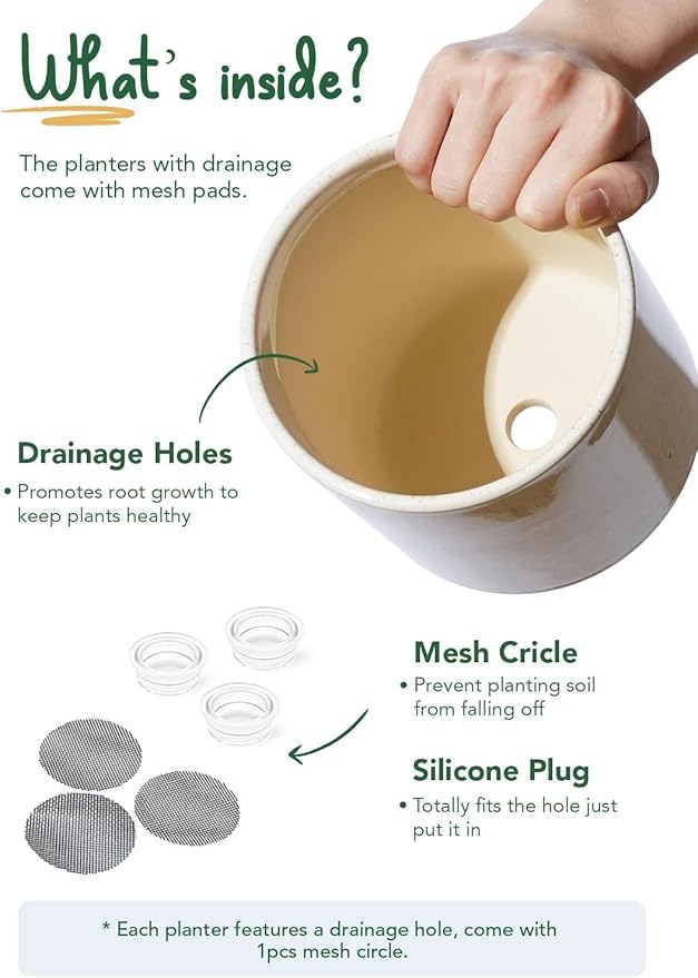 LE TAUCI Ceramic Pots for Plants, 10/8/6 Inch Indoor Planters with Draiange Hole, Silicone Plug & Mesh Pad, Modern Minimalist Pots for Home Office, Set of 3, Glossy, Linen Birch