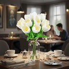 Mandy's Cream Partially Open Artificial Tulips Flowers Centerpiece, 13.5" Lifelike PU Fake Floral Stems 12pcs for Kitchen Island & Dining Table, Spring Decor for Easter