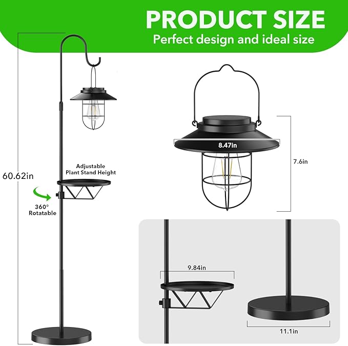 60.62'' Shepherd's Hook Stand Plant with Solar Lantern, Outdoor Floor Lamp, Wind Chime Hanger Stand, Waterproof Metal & Adjustable Height Standing Pole Holder Garden Light for Patio, Porch, Deck Decor