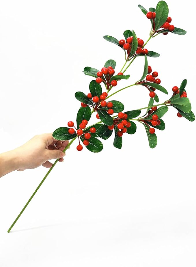Artificial Red Berry Stems Fake Holly Berries Twig Branches Tall Picks Greenery Plastic Plant for Xmas Indoor Outdoor Wedding Party Christmas Event Decoration DIY Wreath Vase Fireplace Decor 2 Pack